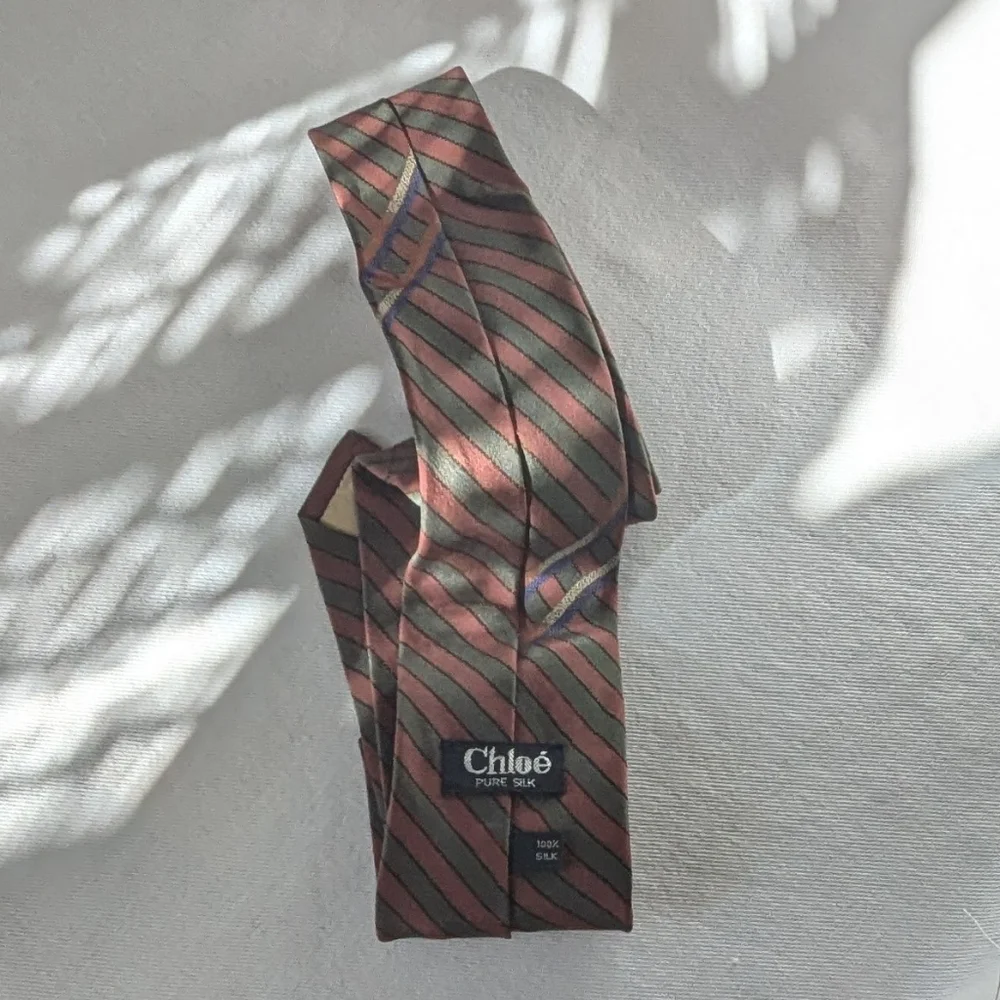 Vintage Chloe Dark Brown & Green Striped 100% Silk Tie Spain